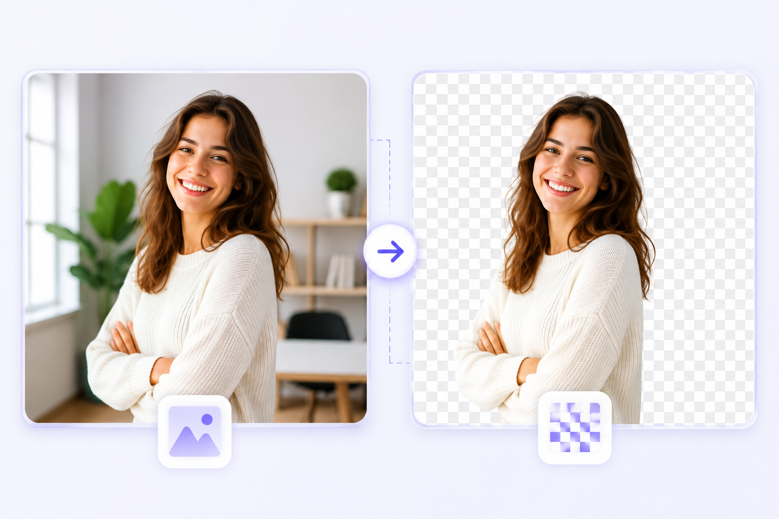 Portrait photo showing a subject before and after background removal